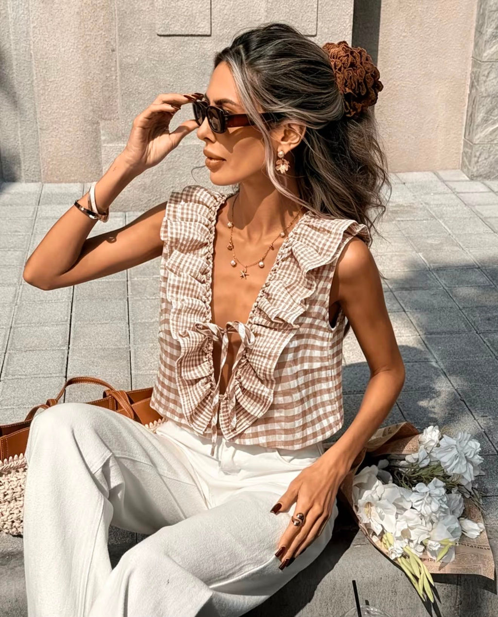 Sunday Market Gingham Ruffle Tie-Front Top