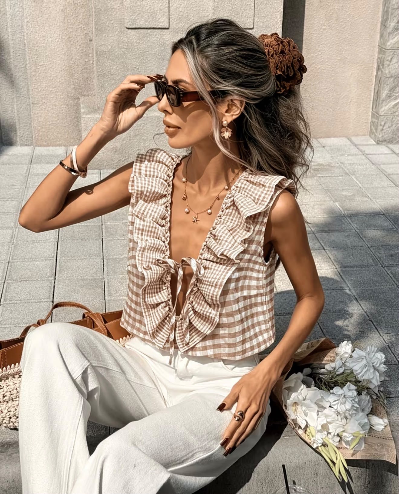 Sunday Market Gingham Ruffle Tie-Front Top