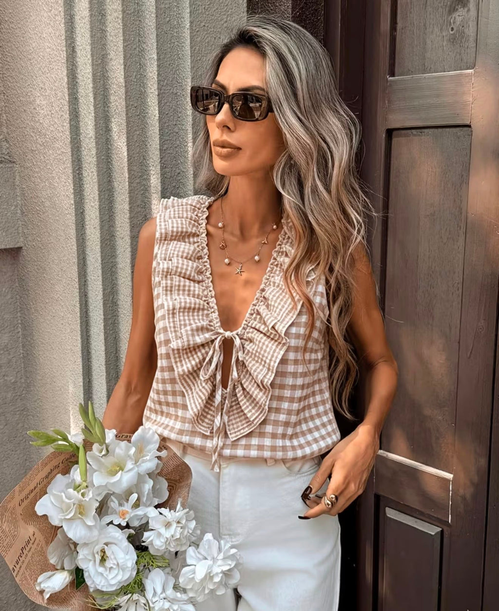 Sunday Market Gingham Ruffle Tie-Front Top