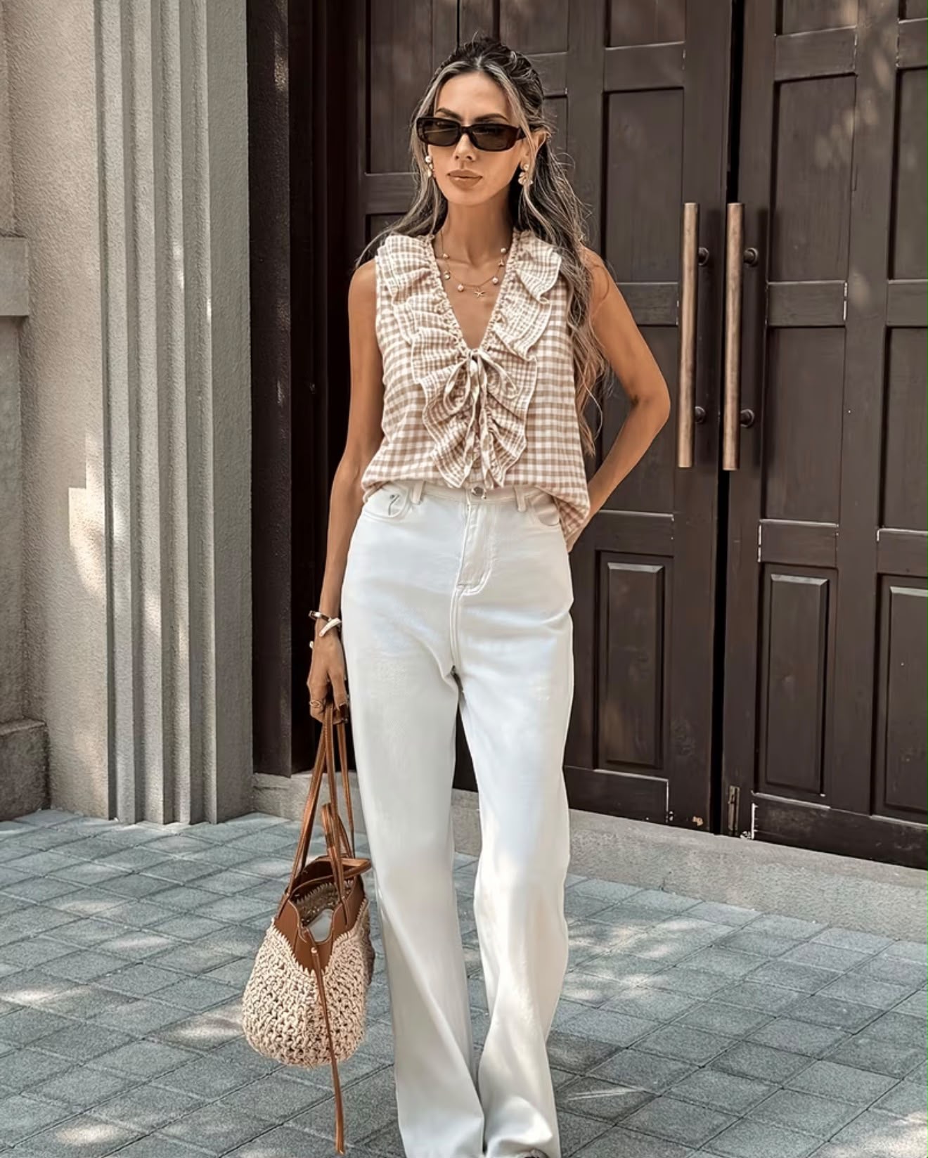 Sunday Market Gingham Ruffle Tie-Front Top